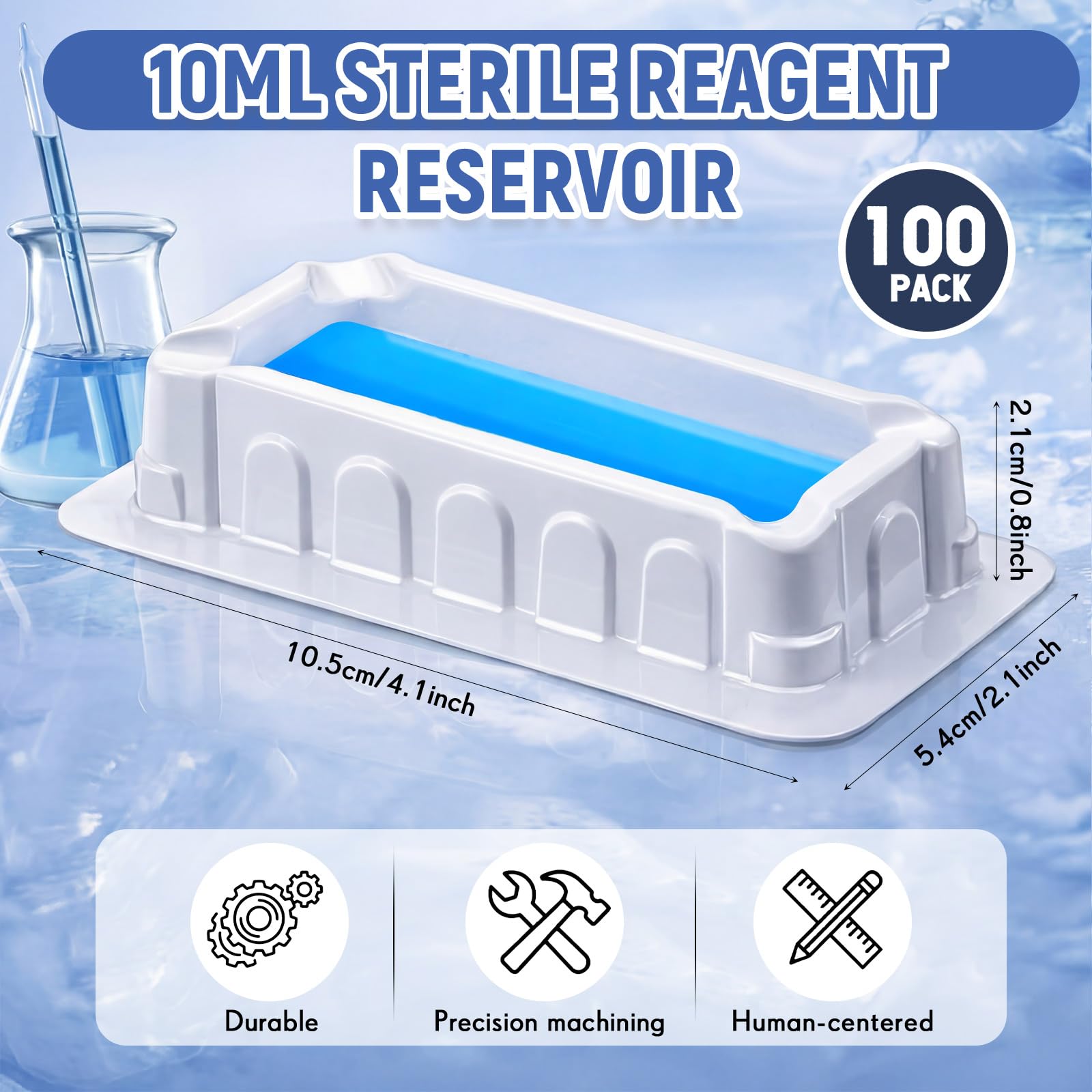 Didaey Depósito de reactivo de 10 ml, 100 unidades, depósito de pipeta estéril con fondo en V, envuelto individualmente, compatible con pipetas individuales y multicanal para laboratorio