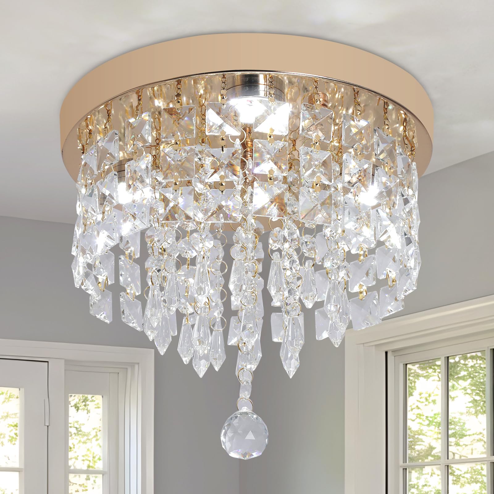 Deckrico Lámpara de Techo LED Dorada con Cristales, Luz Blanca, Moderna para Recámara, Baño, Clóset o Pasillo