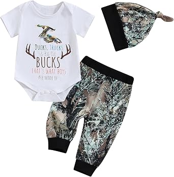 Newborn Baby Boy Clothes Long Sleeve Romper Onesie Camo Pants with Hat Infant Outfit