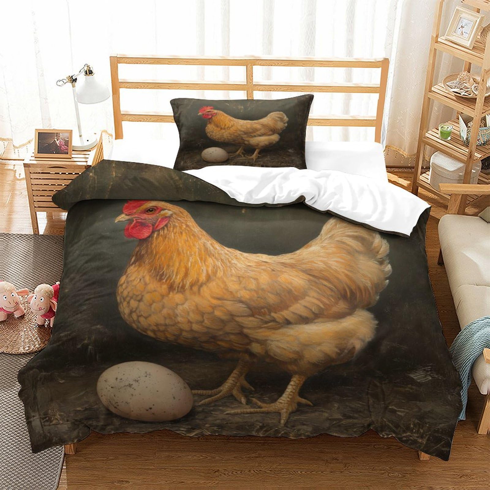 P1s9u7w5y Gallic Rooster-4 Rustic Hen Feather 3D Printed Duvet Cover Set 3Pcs Microfiber Farm Egg Bedding Set Single（135X200cm）