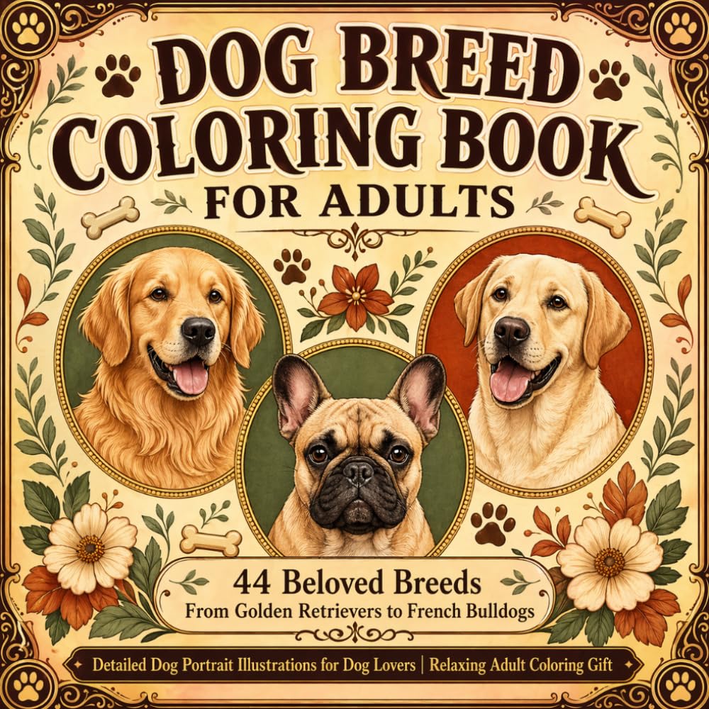 Dog Breed Coloring Book for Adults: 44 Beloved Breeds From Golden Retrievers to French Bulldogs: Detailed Dog Portrait Illustrations for Dog Lovers | Relaxing Adult Coloring Gift
