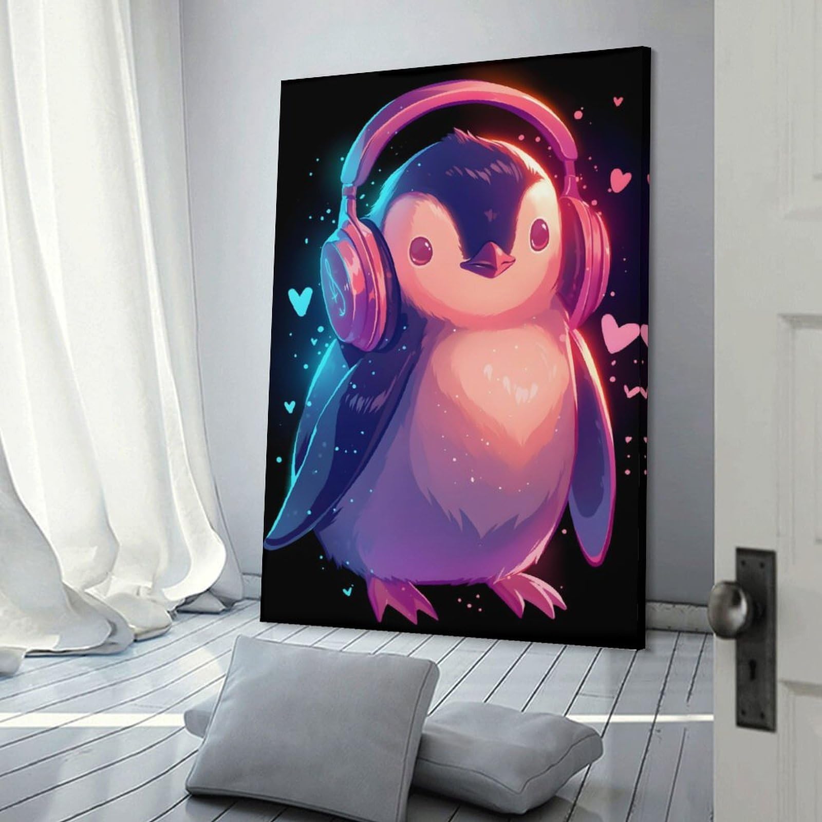 Junmoney Home Decor Wall Art Cute Penguin with Headphones, 20x30inch(50x75cm), for New Homes, Bedrooms Or Workspaces, Home Decor Gift with Stylish Appeal