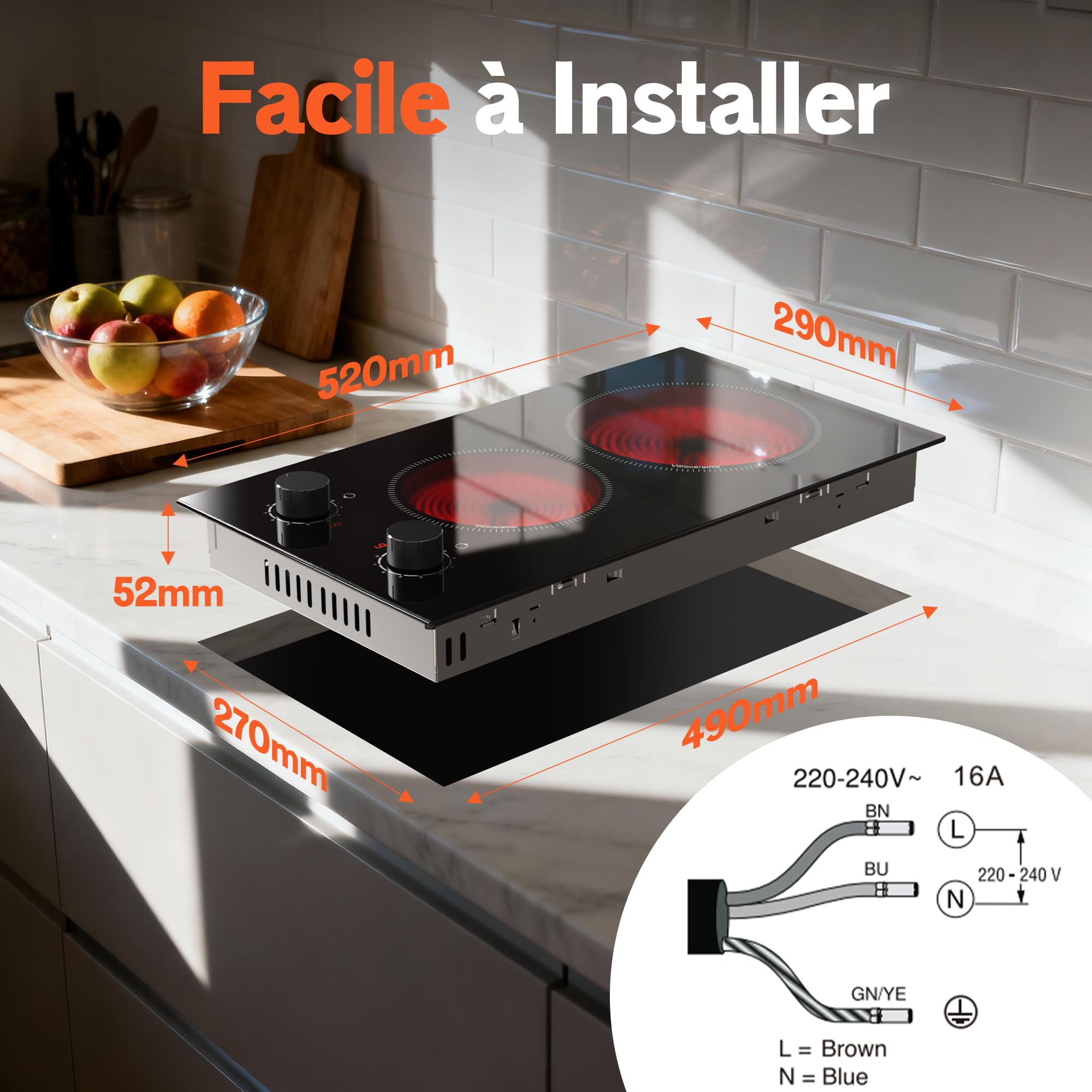 Plaque Vitrocéramique 2 Feux Encastrable 30CM, Table de Cuisson avec Minuterie et Verrouillage de Sécurité, 220V