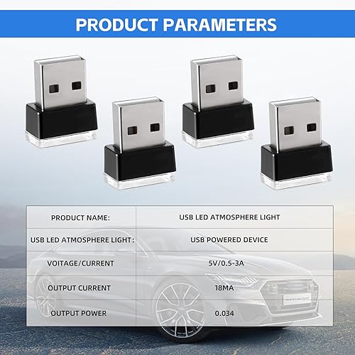 Miniatura 5 de 4 luces LED USB para interior del automóvil, mini luz ambiental para interior del automóvil, conector USB enchufable, accesorios para el interior