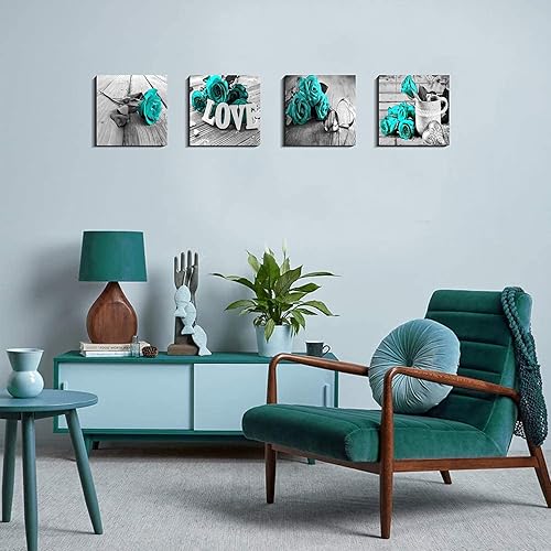 Miniatura 2 de Arte de pared con diseño de rosas de color turquesa, verde azulado, negro y blanco, impresiones de pinturas rústicas y modernas con diseño de amor,