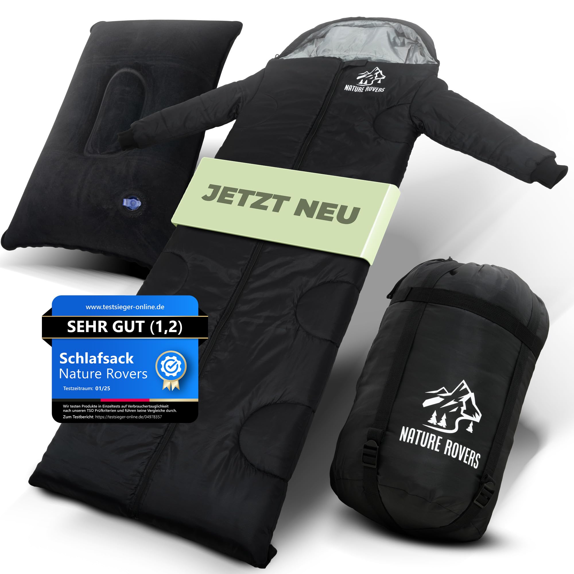 Schlafsack [mit Ärmeln] – Schlafsäcke für Erwachsene, Outdoor & Camping [3 Jahreszeiten] Deckenschlafsack mit Öffnungen an den Füßen | 220x80cm, wasserabweisend | Inkl. Kissen | Nature Rovers