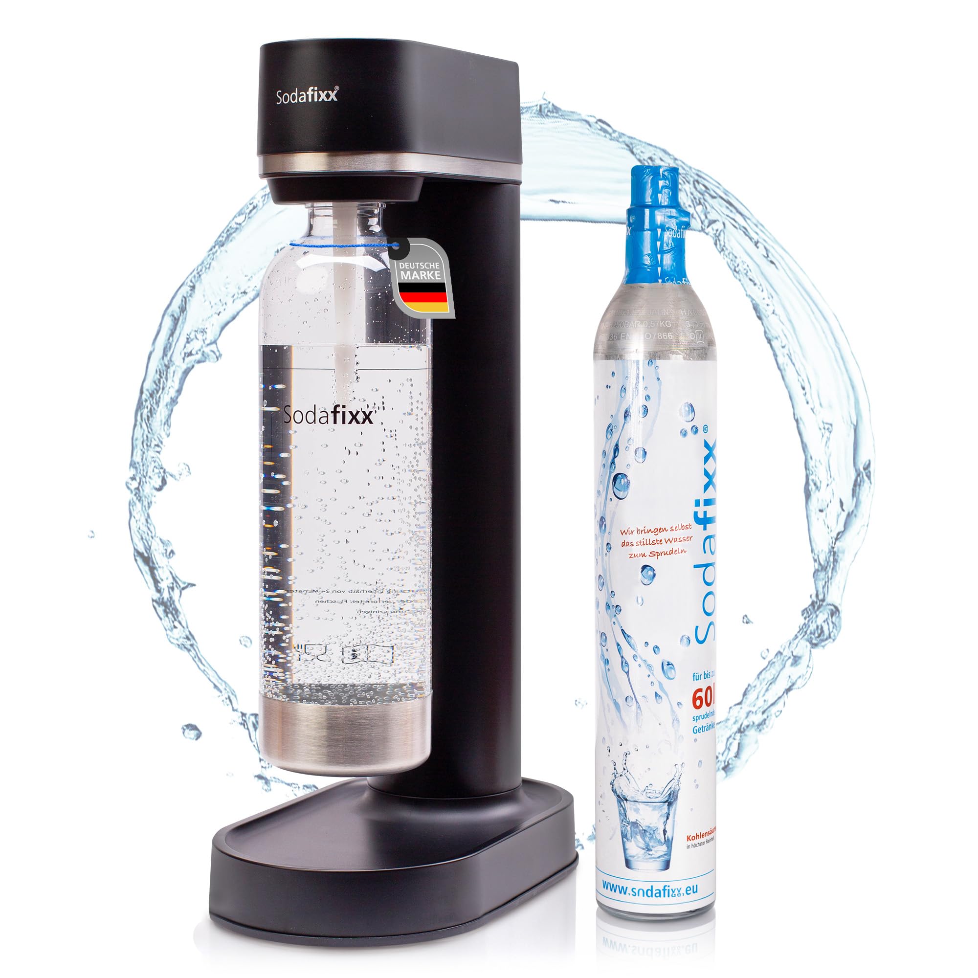 Sodafixx Wassersprudler Schwarz + 1 PET Wasserflasche 0,85L + 1x CO2 Zylinder - Sprudelwasser Maschine ohne Strom - Soda Maker - Wasser Sprudel Gerät