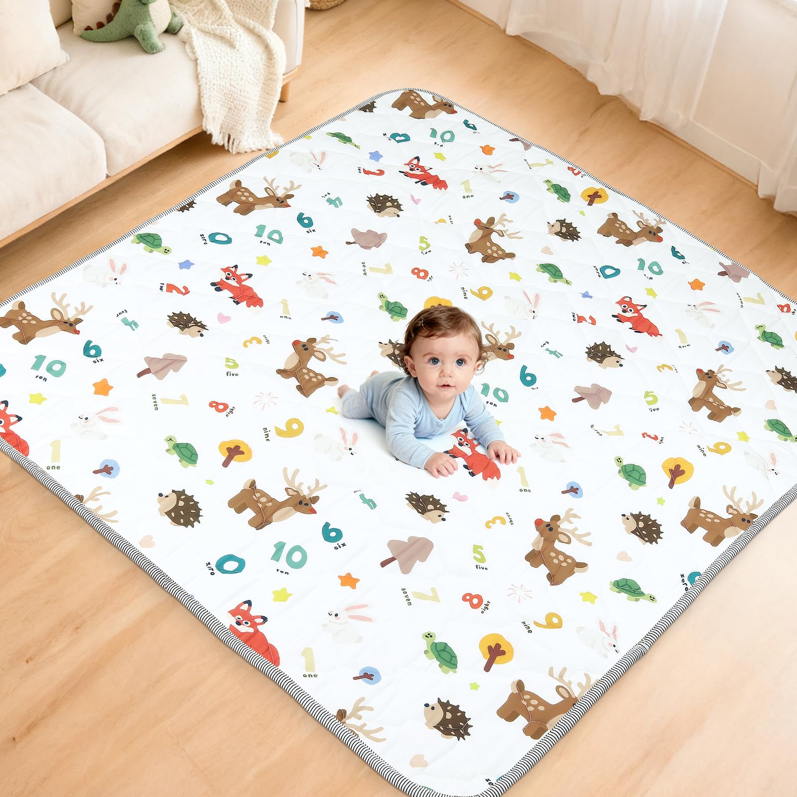 eSynic Foldable Baby Play Mat 150×150cm Sichere Krabbelmatte Rutschfeste Krabbelmatte für Babys 6-12 Monate & Kleinkinder Waschbar & Tragbar Spielmatte mit Tier-& Zahlenmotiven Indoor & Outdoor
