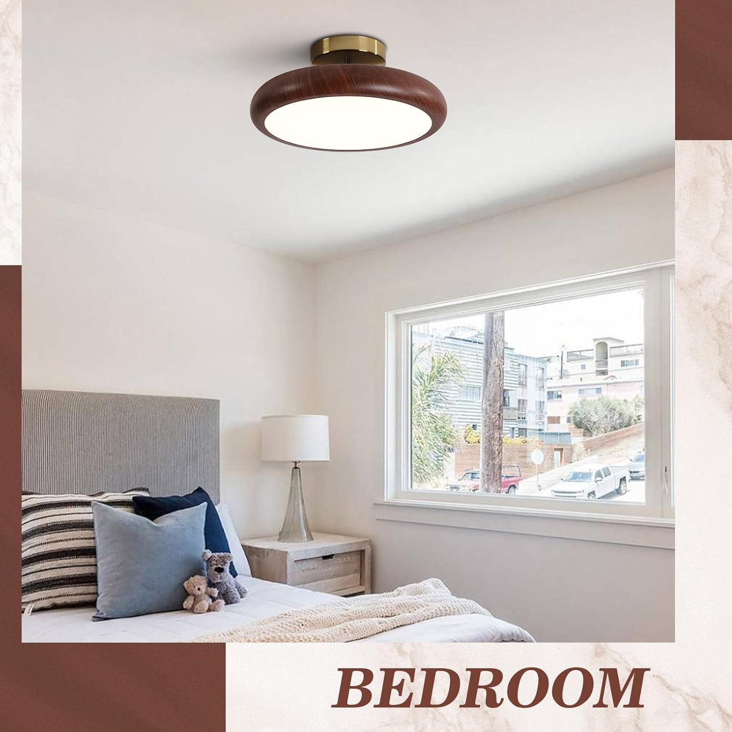 BOKT LED Gold Semi Flush Mount Ceiling Fixture Remote Control Dimmable 2700K-6000K Lighting 11.8 Inch Round Close to Ceiling Lighting Fixtures Entryway Wood Grain Mini Ceiling Lighting