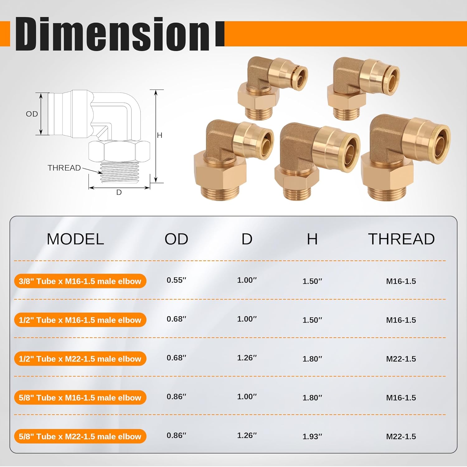 2Pcs Brass DOT PLC Male Elbow Fitting 1/2" Tube x M22-1.5 Replace for Volvo 20462690