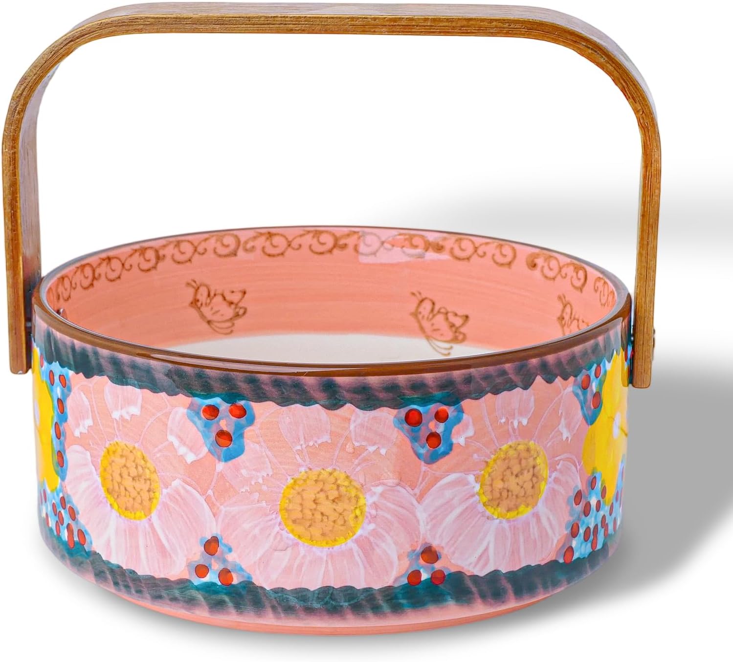 silesia Handmade Fruit Basket with Wooden Handle, 20 oz Hand-Painted Berry Bowl, Portable Handcrafted Serving Dish for Candy, Nuts & Snacks, Rustic Farmhouse Decor (Glazed Pink)