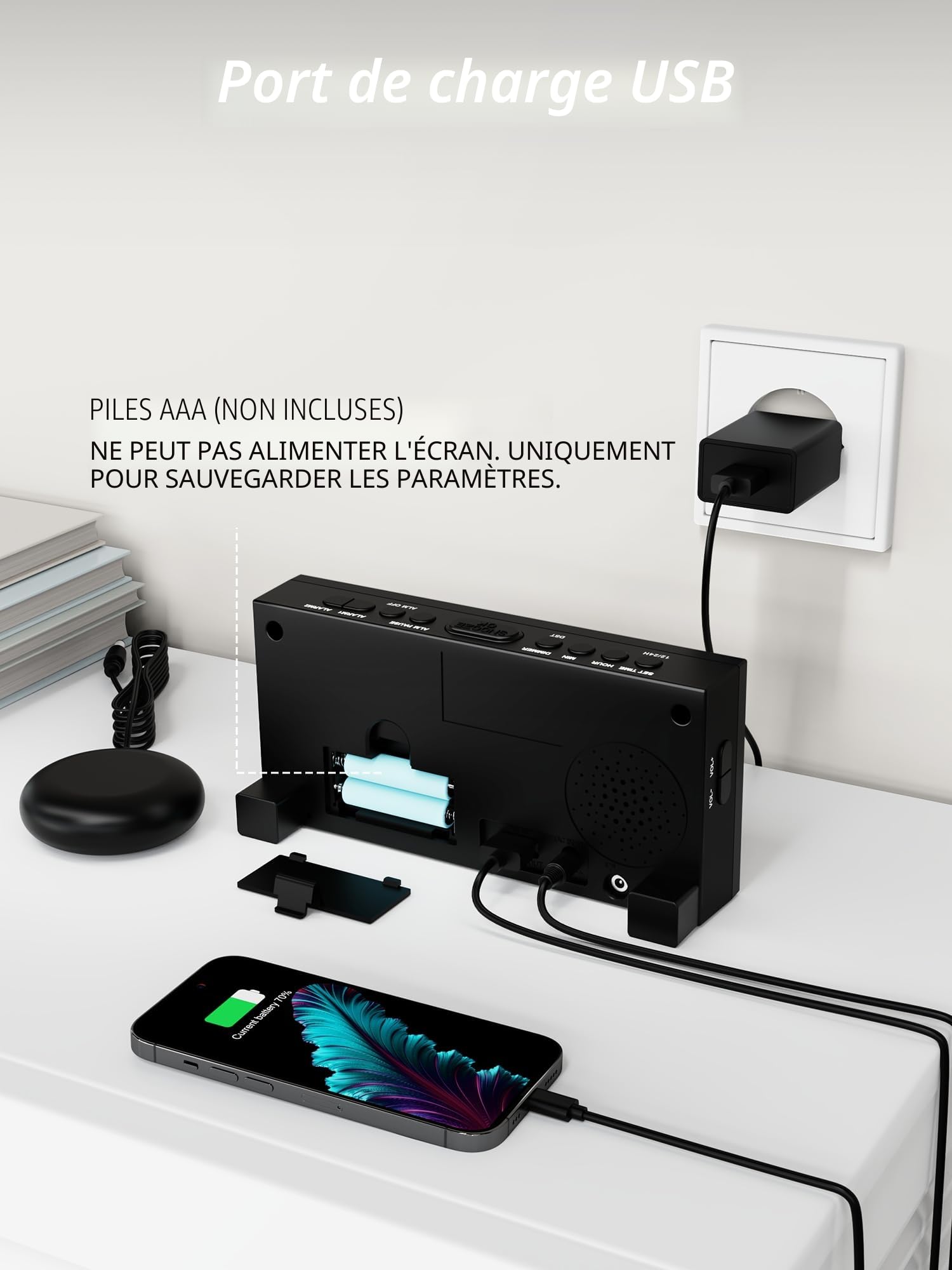 Réveil Extra Fort avec Secoueur de Lit, LED 7'' pour Sourd et Malentendant, Gros Dormeur, Double, Lumineux à 5 Niveaux, Snooze, Charger USB, Variateur d'Intensité, 12/24 H
