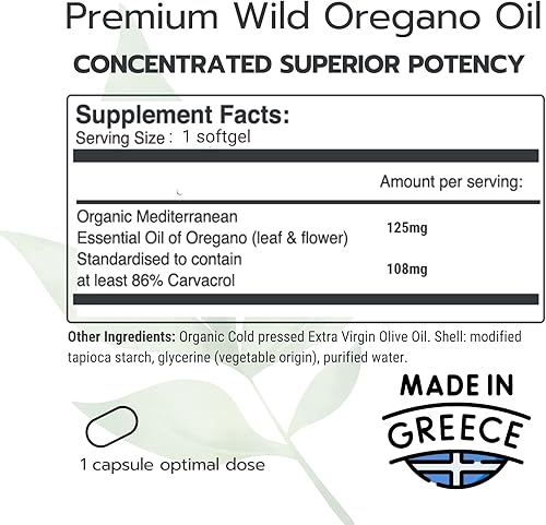 Miniatura 3 de Cápsulas orgánicas de aceite de orégano silvestre vegano, 86-90% Carvacrol - Apoyo inmunológico y digestivo, antioxidante natural, vegano, sin OMG,