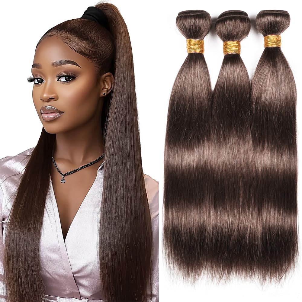 Color #4 Straight Dark Brown Bundles Human Hair #4 Chocolate Brown Bundles Straight Weave Brazilian Hair Extensions Double Weft for Black Women 22/24/26 Inch