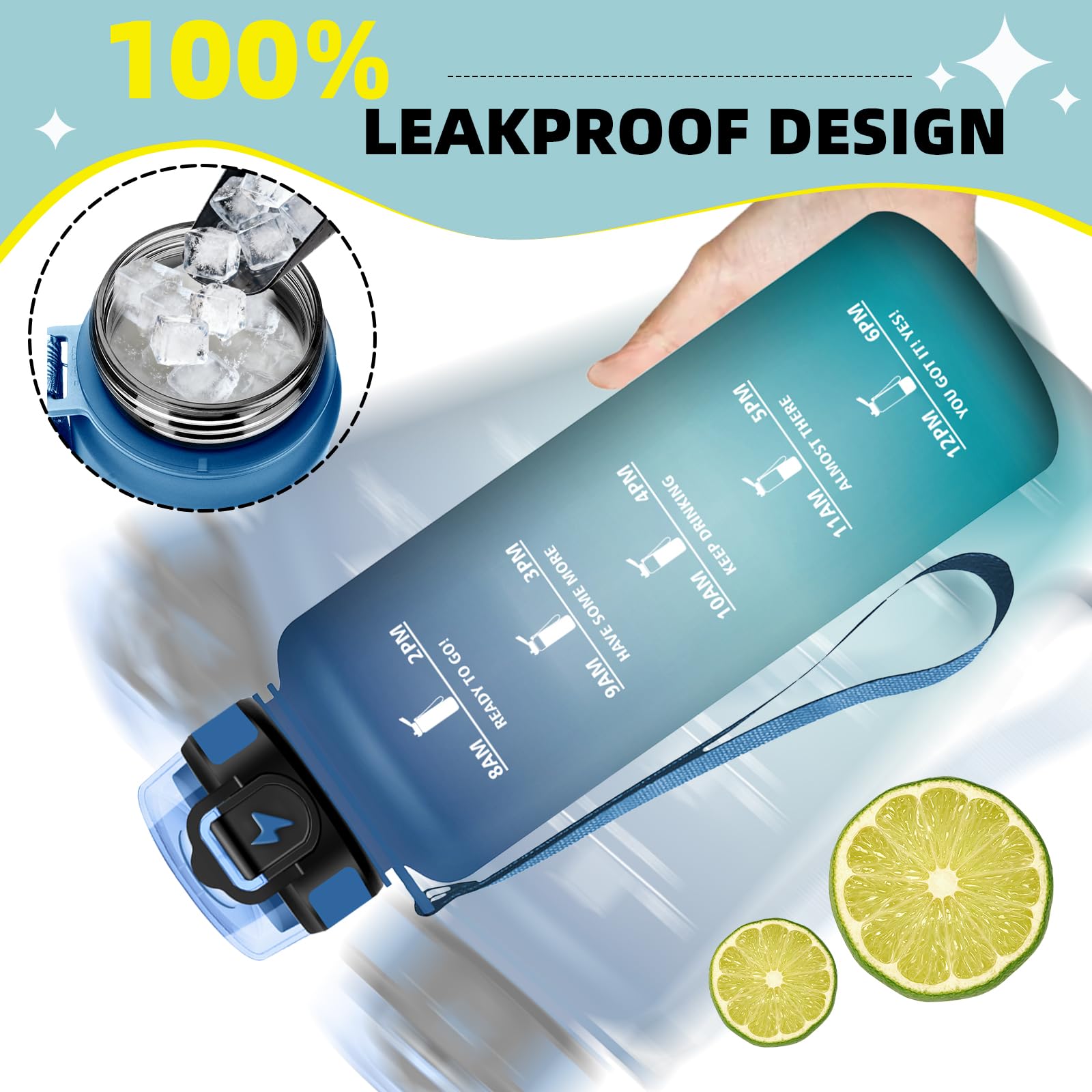 Grsta Borraccia 1,5 litri, Borraccia Palestra con Cannuccia, Borracce Graduata, Facile da Pulire, Bottiglia con Indicatore del Tempo Motivazionale per Sport, Outdoor, Trekking