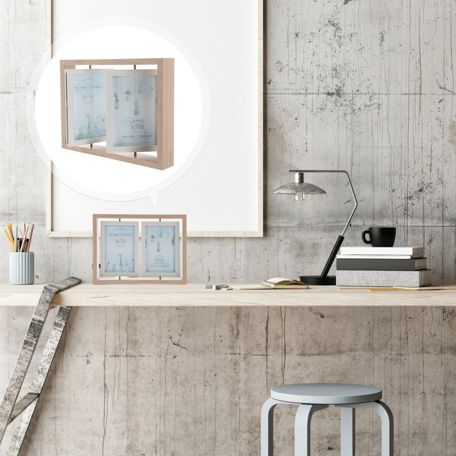 Marco de Fotos Giratorio de Madera Doble Cara de 6 Pulgadas, Diseño Elegante y Creativo para Decoración de Escritorio y Dormitorio