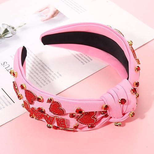 Miniatura 4 de MOLOCH Diadema para el día de San Valentín para mujer, con cuentas de amor, corazones, diadema anudada con cristales rosados, diadema con nudo
