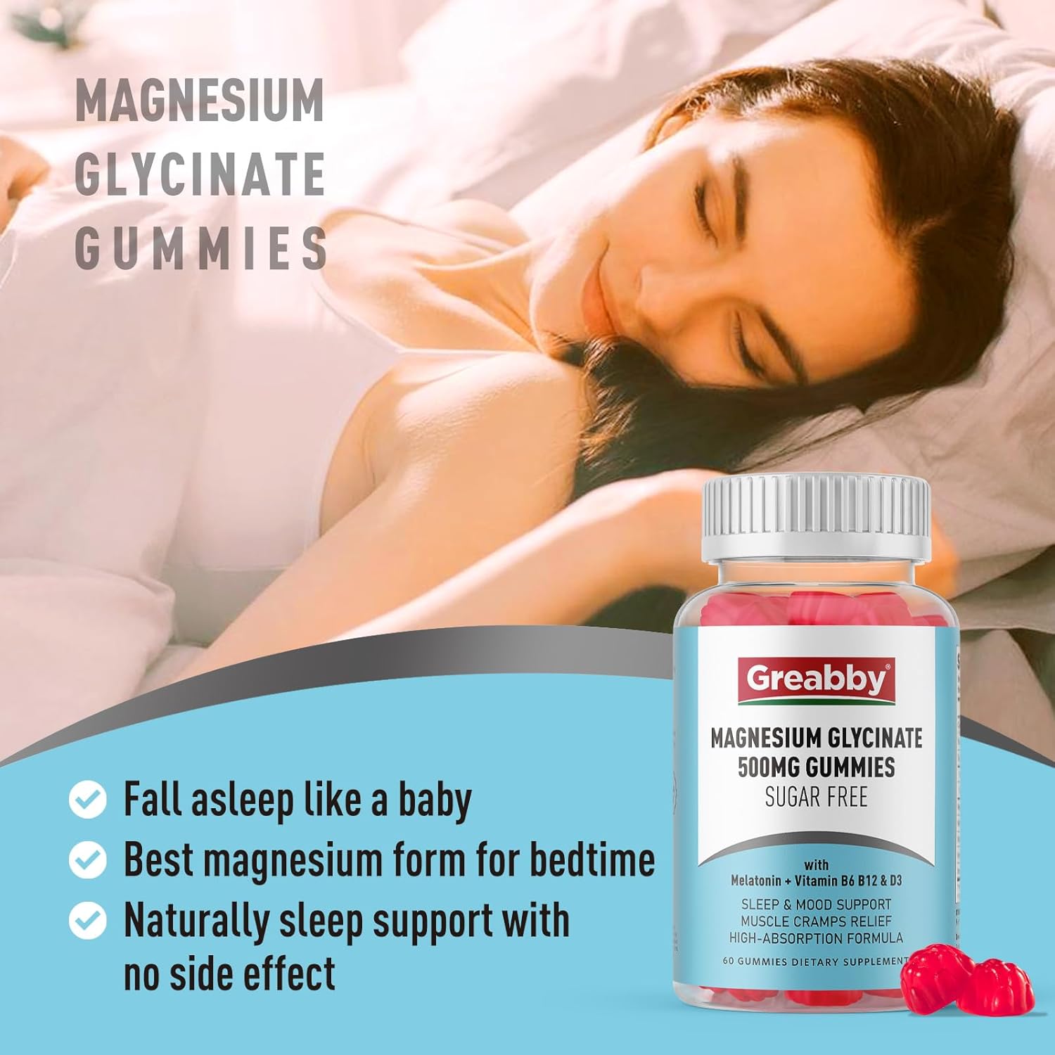 Magnesium Glycinate Gummies 500mg for Adults Sleep Support, Chewable Magnesium Gummies for Women & Men, Muscle Relief & Magnesium Supply (60 Count)
