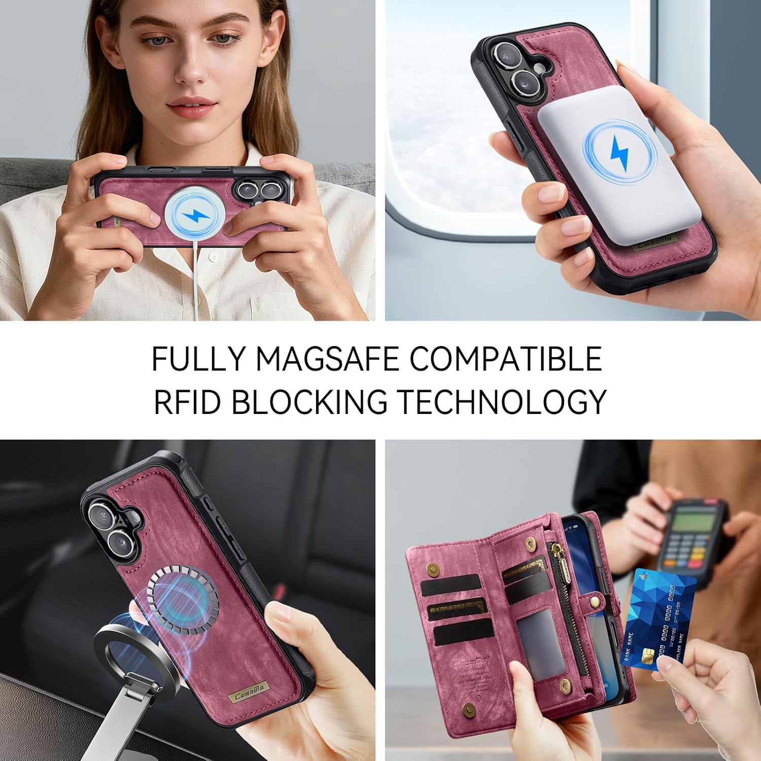 for iPhone 17 Wallet Case with 8 Card Slots Magnetic Closure Zipper Pocket Pouch Flip, Detachable Magnetic 2 in 1 Design, Premium Leather PU with Lanyard Strap Wristlet - Red