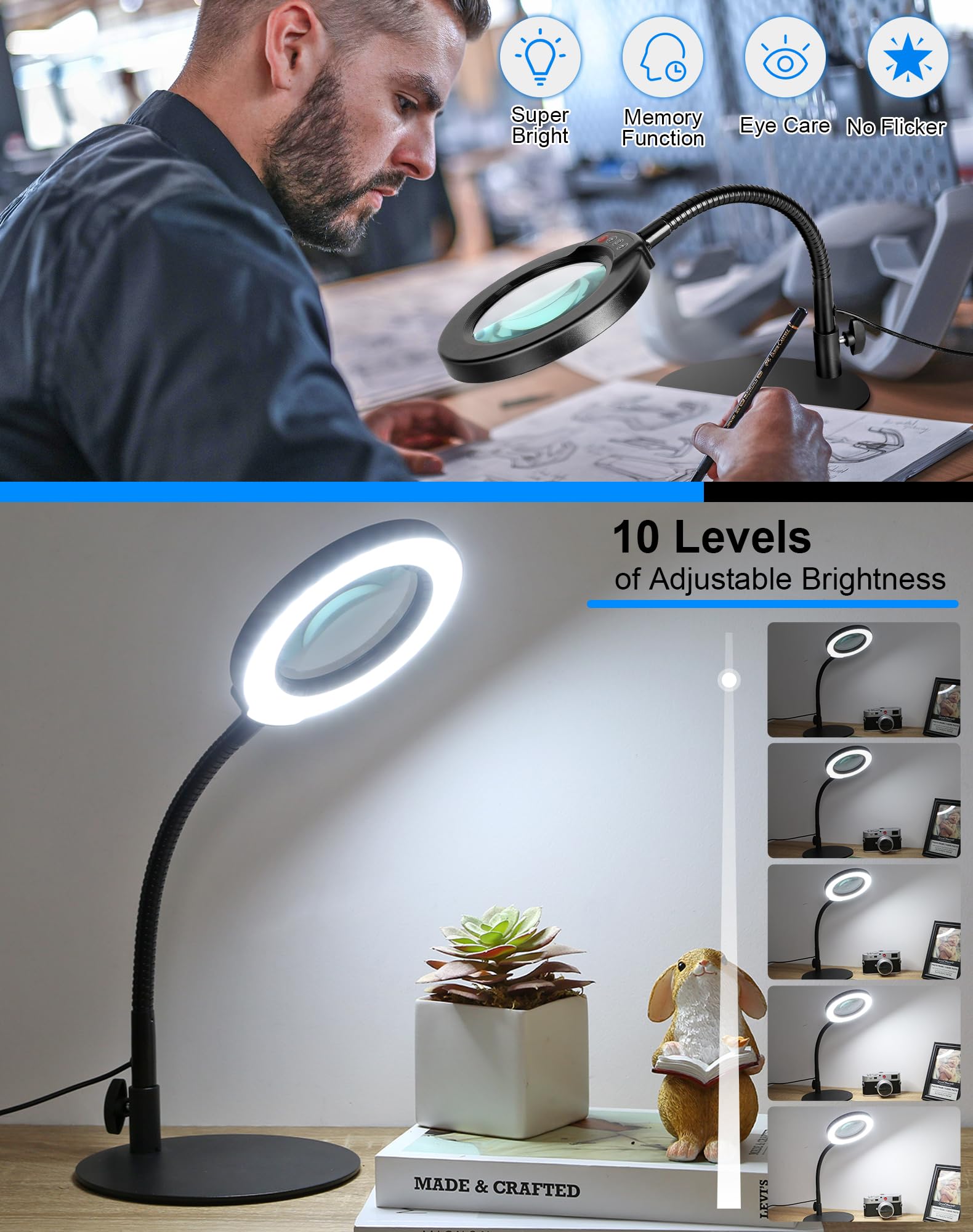 Lampe Loupe 10X 30X Avec Lumière LED - Lentille 17,7 Cm, 5 Modes Couleur, Idéale Pour Couture, Lecture, Artisanat