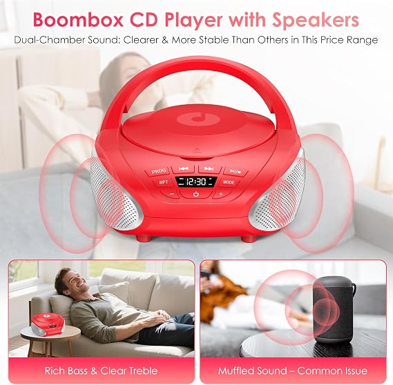 Gueray Portable CD Player Boombox Compact CD Boombox with Stereo Speakers FM Radio 3.5mm AUX Input and Headphone Jack LCD Display for Indoors, Outdoors, Travel & Audiobooks(Red+Silver)