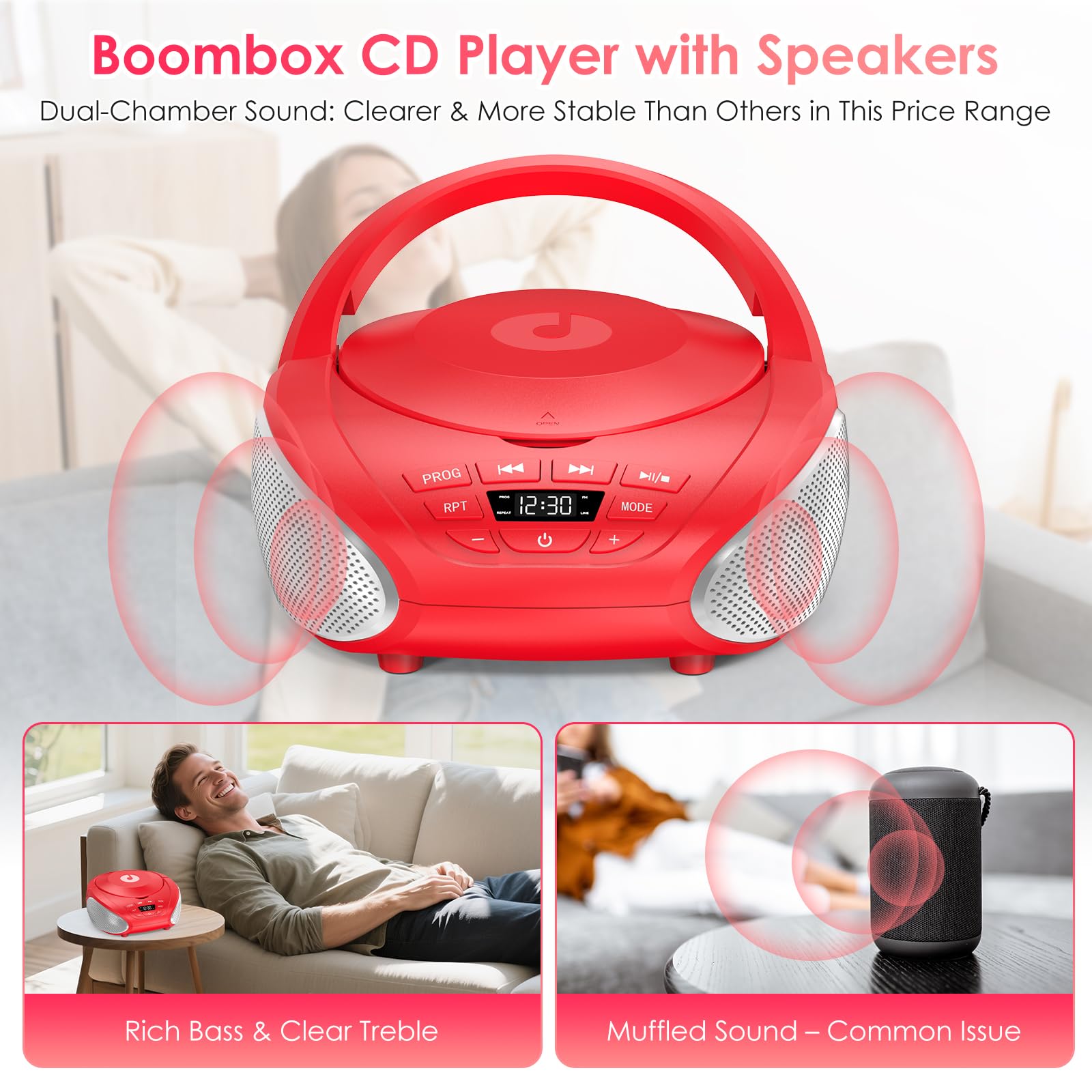 Gueray Tragbarer CD-Player Boombox Kompakt-Radio mit Stereo-Lautsprechern UKW-Radio 3,5-mm-AUX-Eingang, Kopfhöreranschluss und LCD-Display für Innenräume Outdoor Reisen & Hörbücher (Rot)