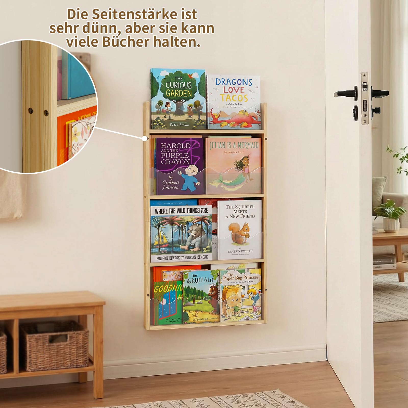 Kinder Bücherregal Wandmontage 4 Ebenen Holz & Acryl-Schwebendes Bücherregal Babyzimmer,Montessori Regal Wandmontage, Contenitori per Libri per Bambini per Angolo Lettura,Wandboard