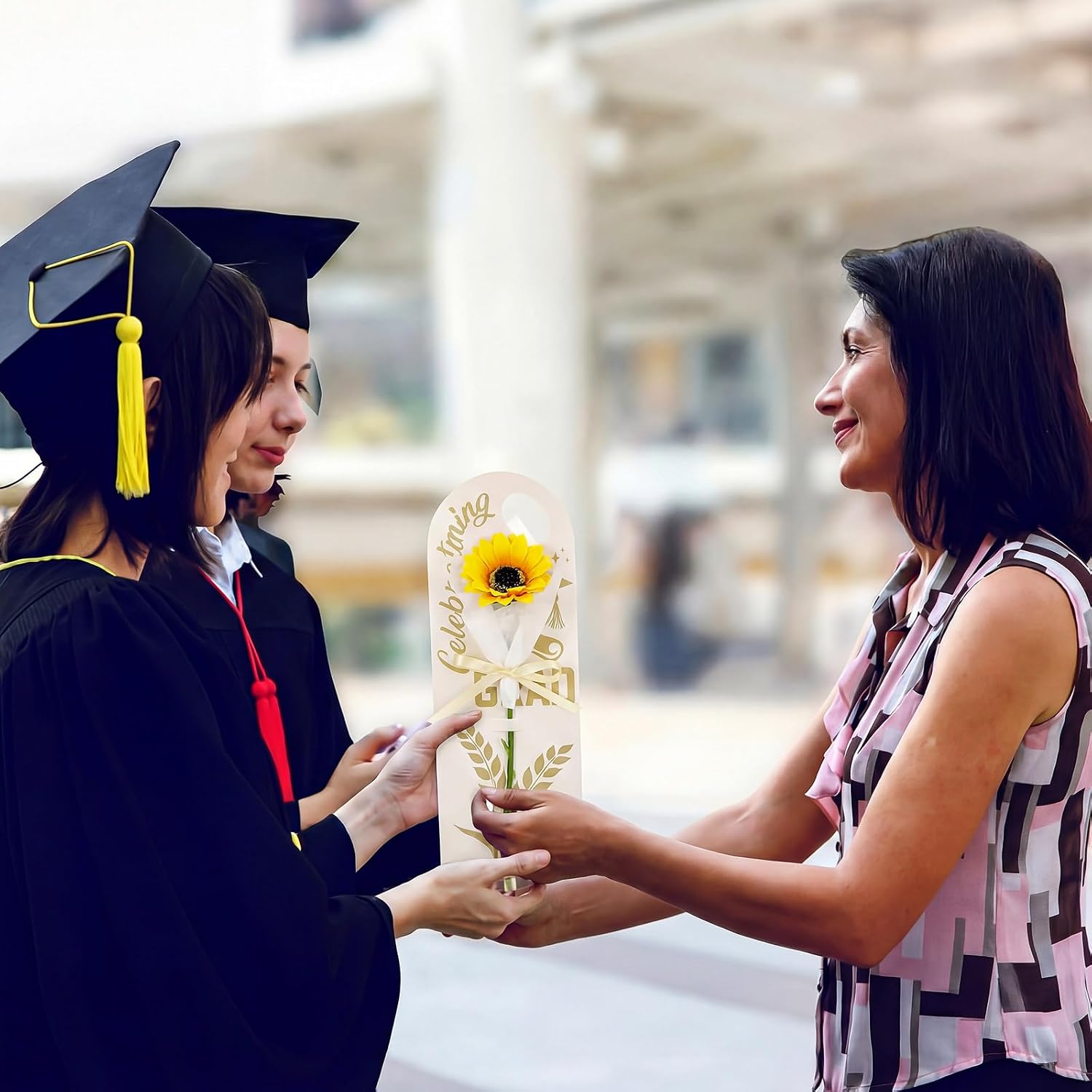Eaasty 24 Set Graduation Gift Themed Single Sunflower Card Sleeve Grad Day Packaging Flower Holder with Floral Water Tubes Ribbon Floral Tissue Paper for Flower Packing