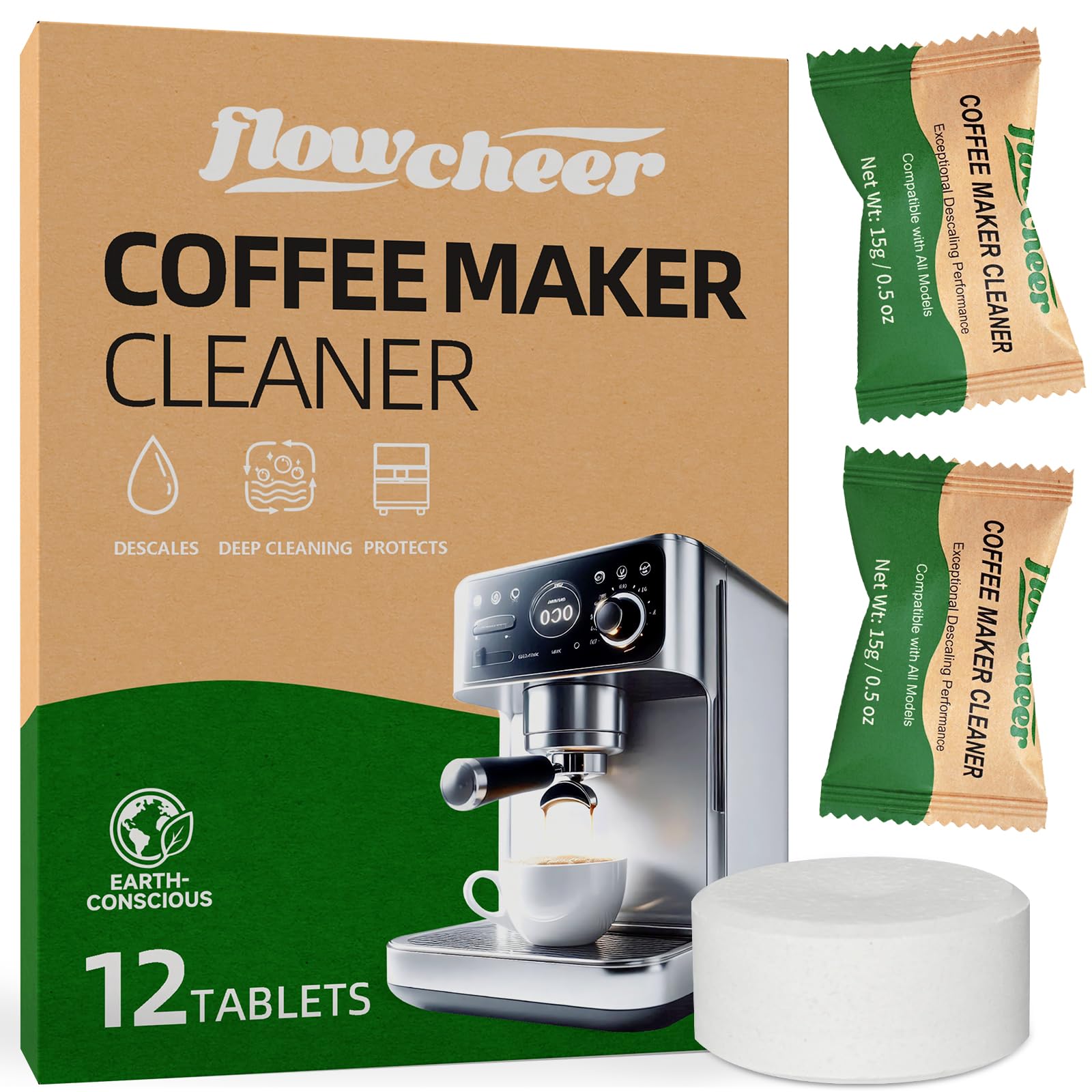 flowcheer Paquete de 12 pastillas limpiadoras y descalcificadoras para cafeteras Keurig, Nespresso, Jura, Breville, Ninja, limpiador de cafeteras de limpieza profunda y descalcificador para todas las