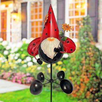 Gnome Metal Yard Art, Gnomes Garden Statue Outdoor Decor, 48 inch Gnome Decorations 360 Degrees Swivel Wind Spinner for Outdoor Patio Garden Backyard Decor - Ladybug