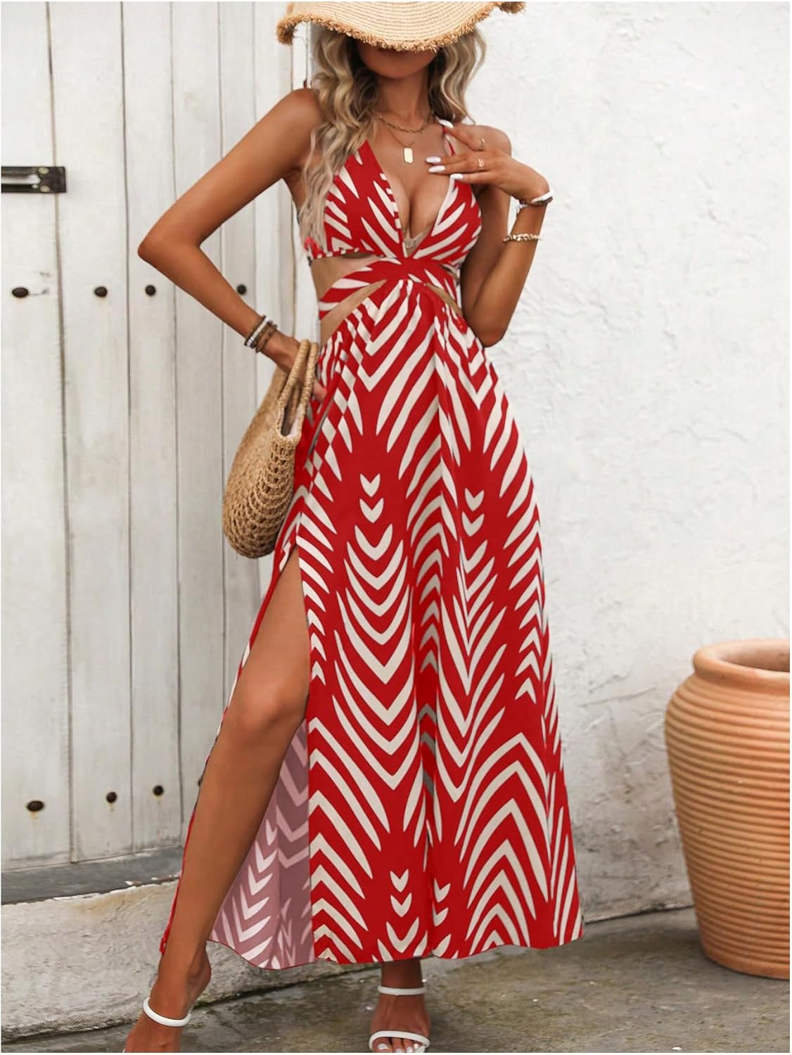 SOLY HUX Women's Tie Backless Cut Out Halter Dress Deep V Neck High Split Long Flowy Dresses - Image 5