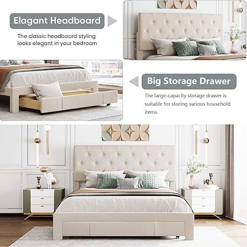 Miniatura 14 de Marco de cama tapizado de terciopelo de tamaño matrimonial con cajón de almacenamiento grande y cabecera ajustable, soporte de listones de madera