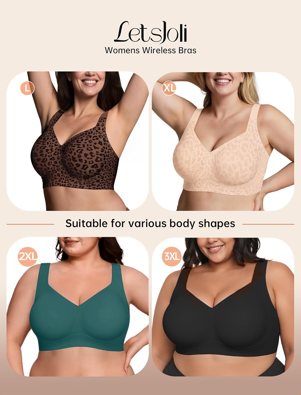 LetsJoli Bras for Women Supportive Wireless Push Up Bra Full Coverage No Underwire Seamless Plus Size for Older Women