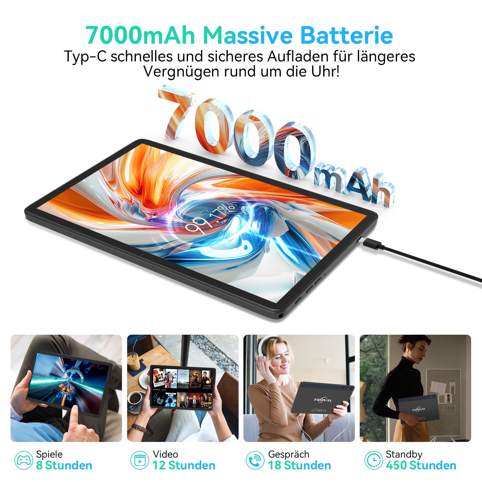 FEONAL Android 15 Tablet 10 Zoll, 4G LTE Tablets Mit 2 SIM 1 SD Slot, 5G WiFi Tablett PC Mit 14GB+128GB(1TBTF), Tablet Mit Tastatur Maus Stift & Hülle, 8-core, 1080FHD, 21MP, 7000mAh, GPS/OTG - Grau