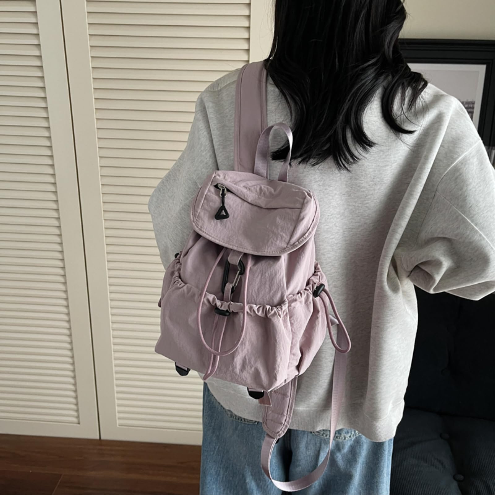 Zaino Da Viaggio A Cordone In Nylon Fold Flap Daypack Con Tasche Laterali Per Viaggi All'aperto Giornalieri Scolastici-purple-30cmx20cmx13cm
