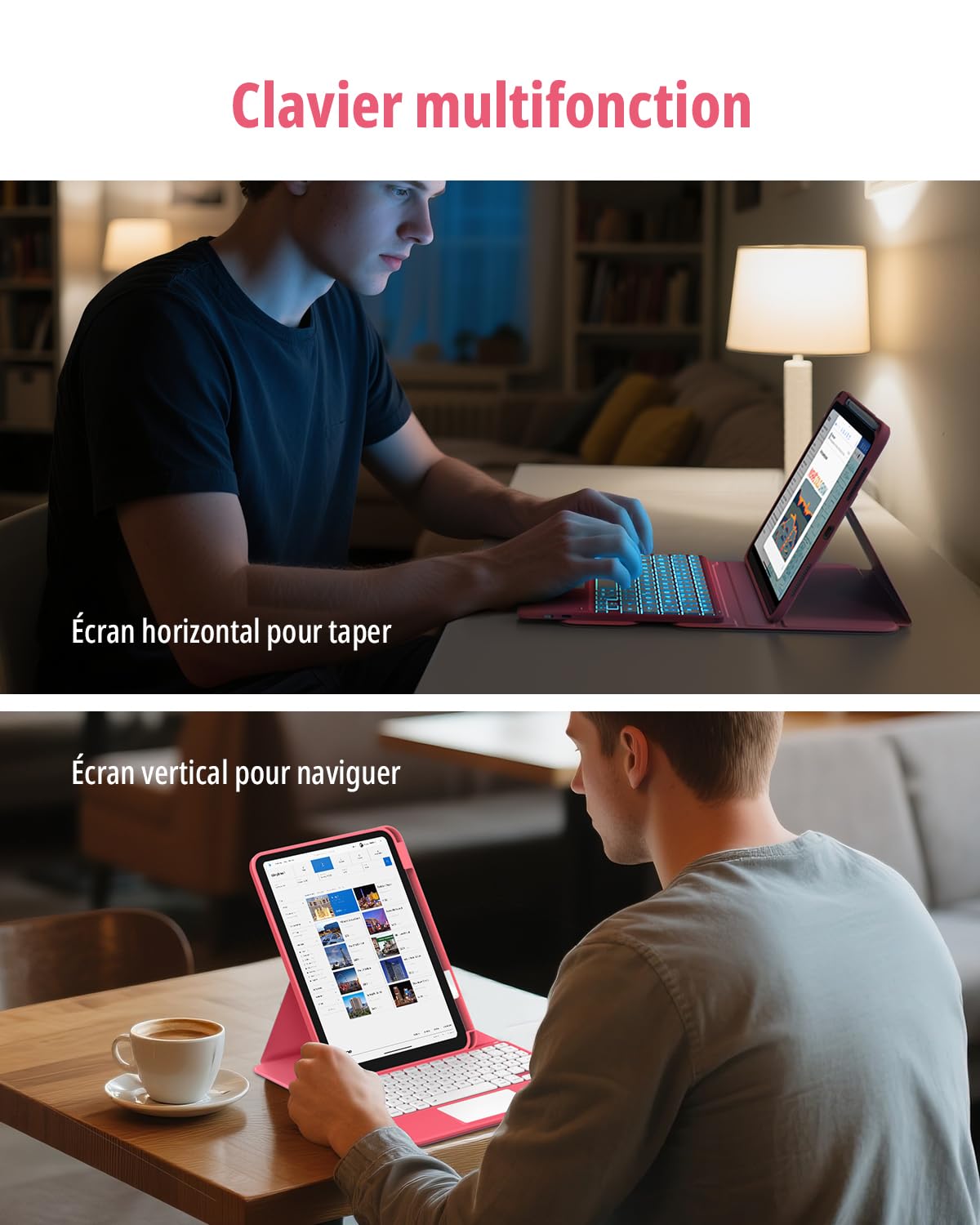 CACOE Étui Clavier Rotatif 360° pour iPad (A16) 11/10 EME Génération (11"/10,9") 2025/2022 avec Pavé Tactile, Rétroéclairage 7 Couleurs, Clavier sans Fil Détachable avec d'assistance, Rose