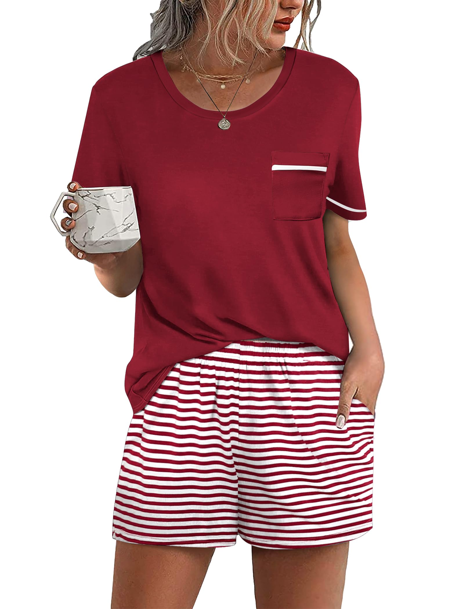 Ekouaer Womens Pajamas Sets Shorts 2 Piece Short Sleeve Lounge Sets Sleepwear Soft Pjs with Pockets