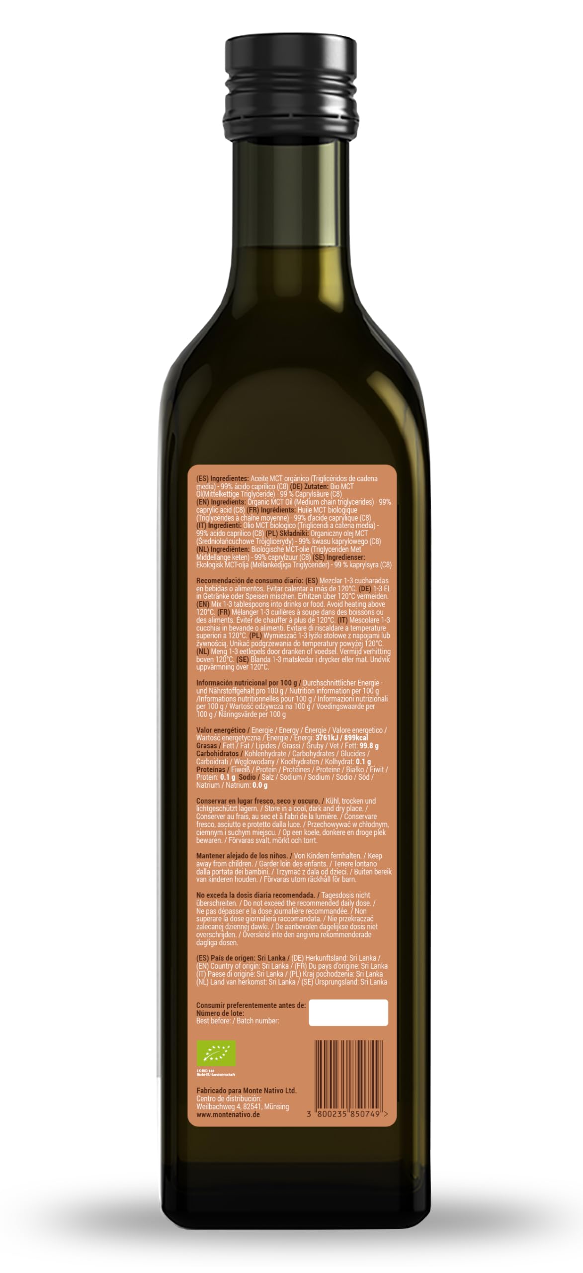 Aceite MCT C8 Monte Nativo 500 ml – Aceite de coco puro líquido para dieta cetogénica
