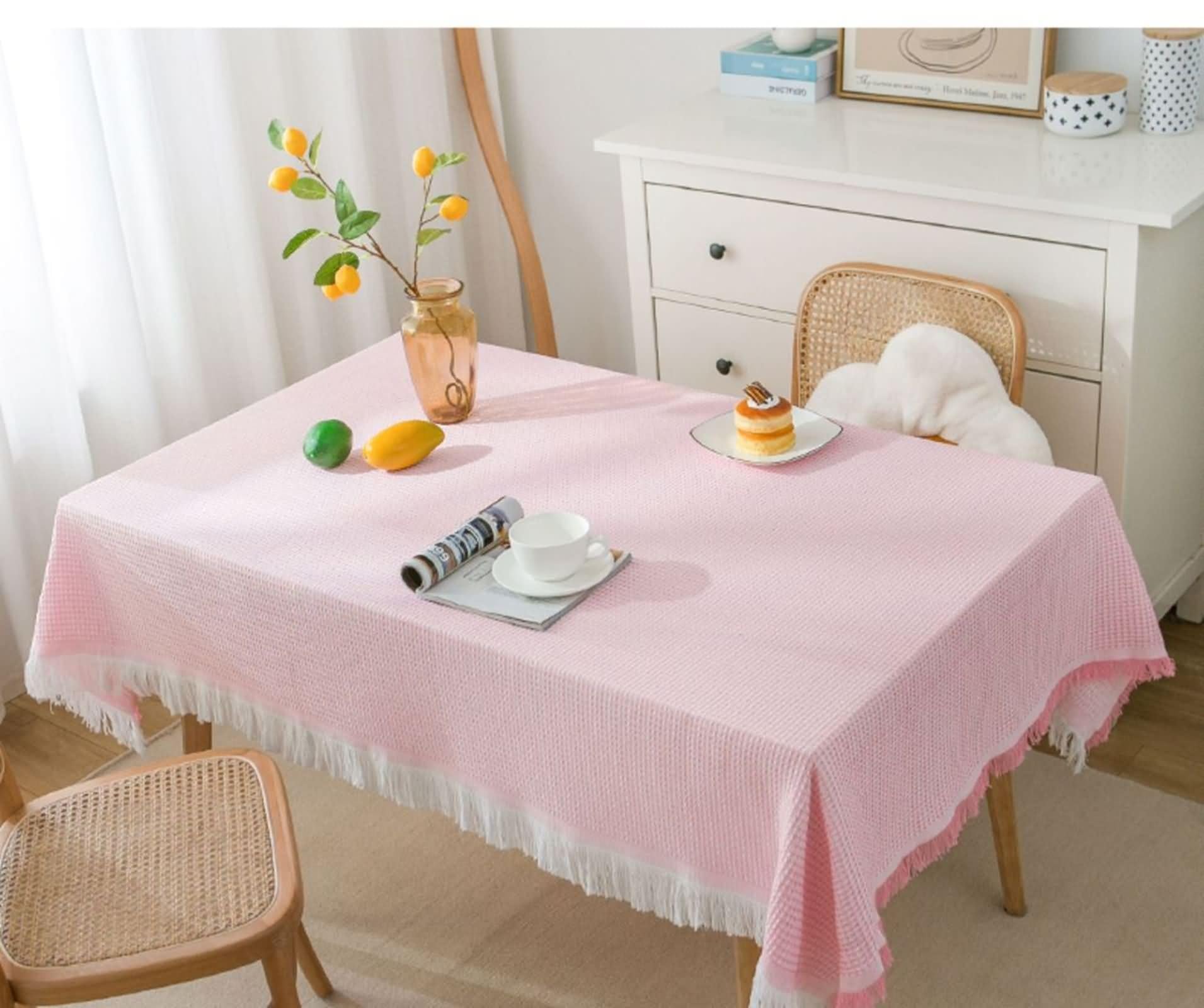 Tovaglia Copri Tavolo Soggiorno, Rosa Bianco Tovaglia Cucina Moderna 130x180cm Tinta Unita con Nappe Stoffa
