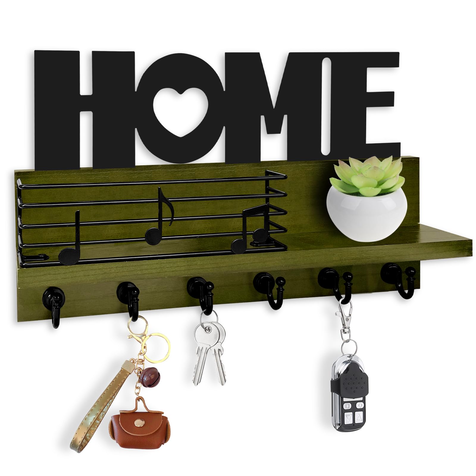 Bibykivn Colgador Llaves Pared Madera - Soporte para Llaves de Pared con 6 Ganchos, Portallaves de Madera, Colgador de Llaves para Pared, Entrada, Despacho, Sala de Estar, Vestíbulo (Verde Oscuro)