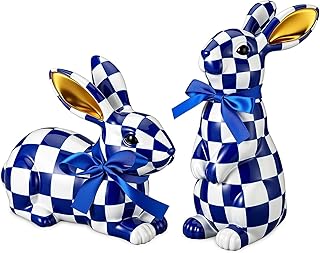 2 Pcs Easter Blue and White Bunny Decorations Check Plaid Rabbit Statues Indoor Easter Gift for Spring Home Decorative Bunny Ornaments for Table Centerpiece Living Room Decor