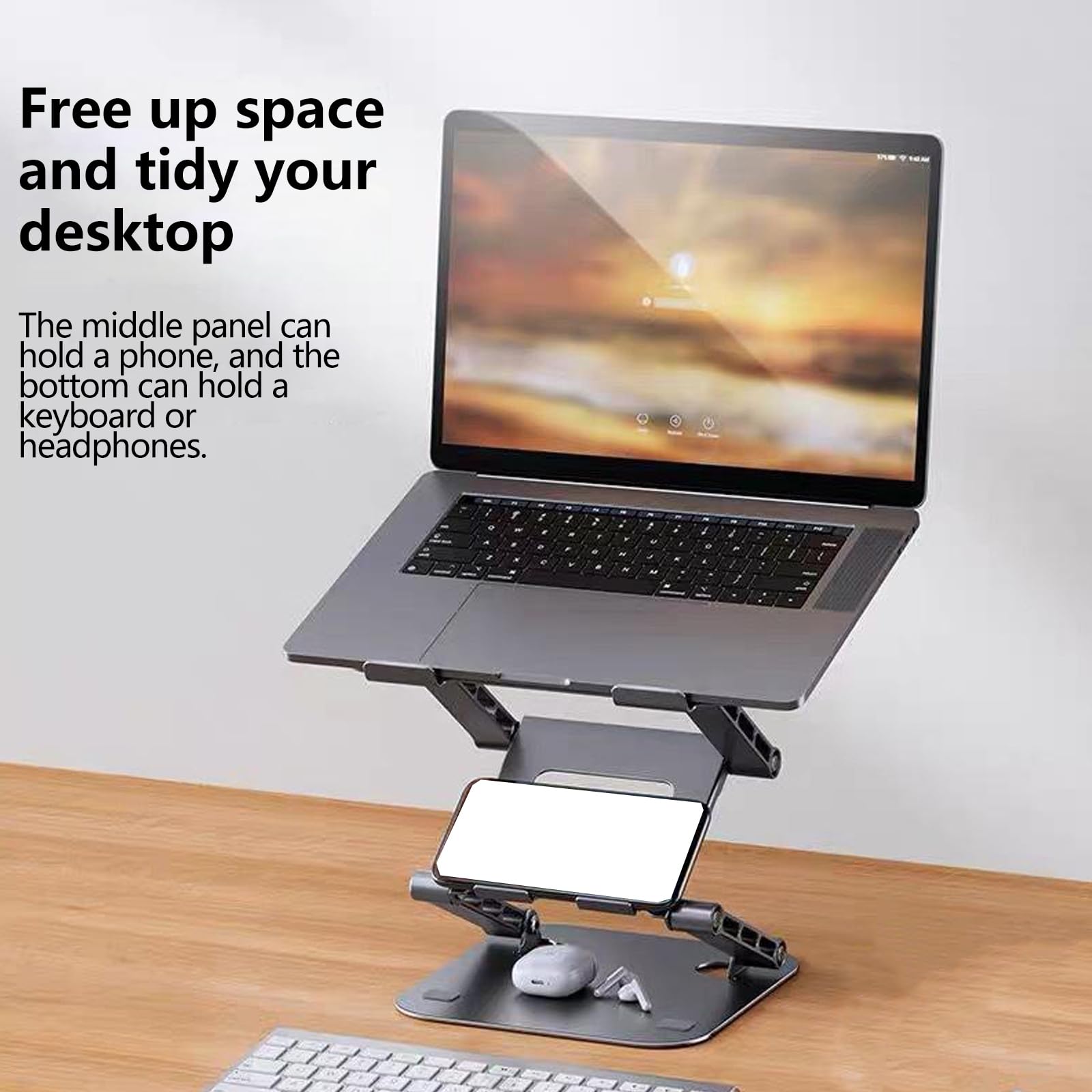 Supporto pieghevole per laptop a 3 strati, regolabile con 4 onde, supporto per notebook da 17,3 pollici, supporto per telefono regolabile in acciaio al carbonio e silicone