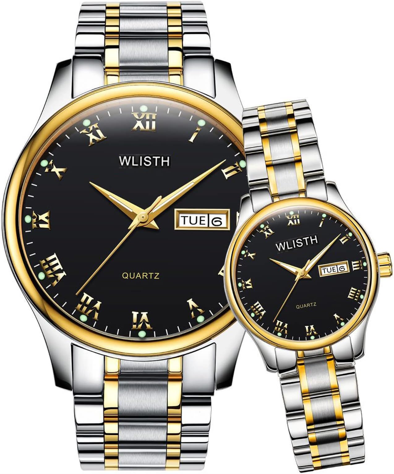 – Valentines Couple Pair Quartz Watches Luminous Calendar Date Window 3ATM Waterproof, Casual Stainless Steel His and Hers Wristwatch for Men Women Lovers Wedding Romantic Gifts Set of 2d
