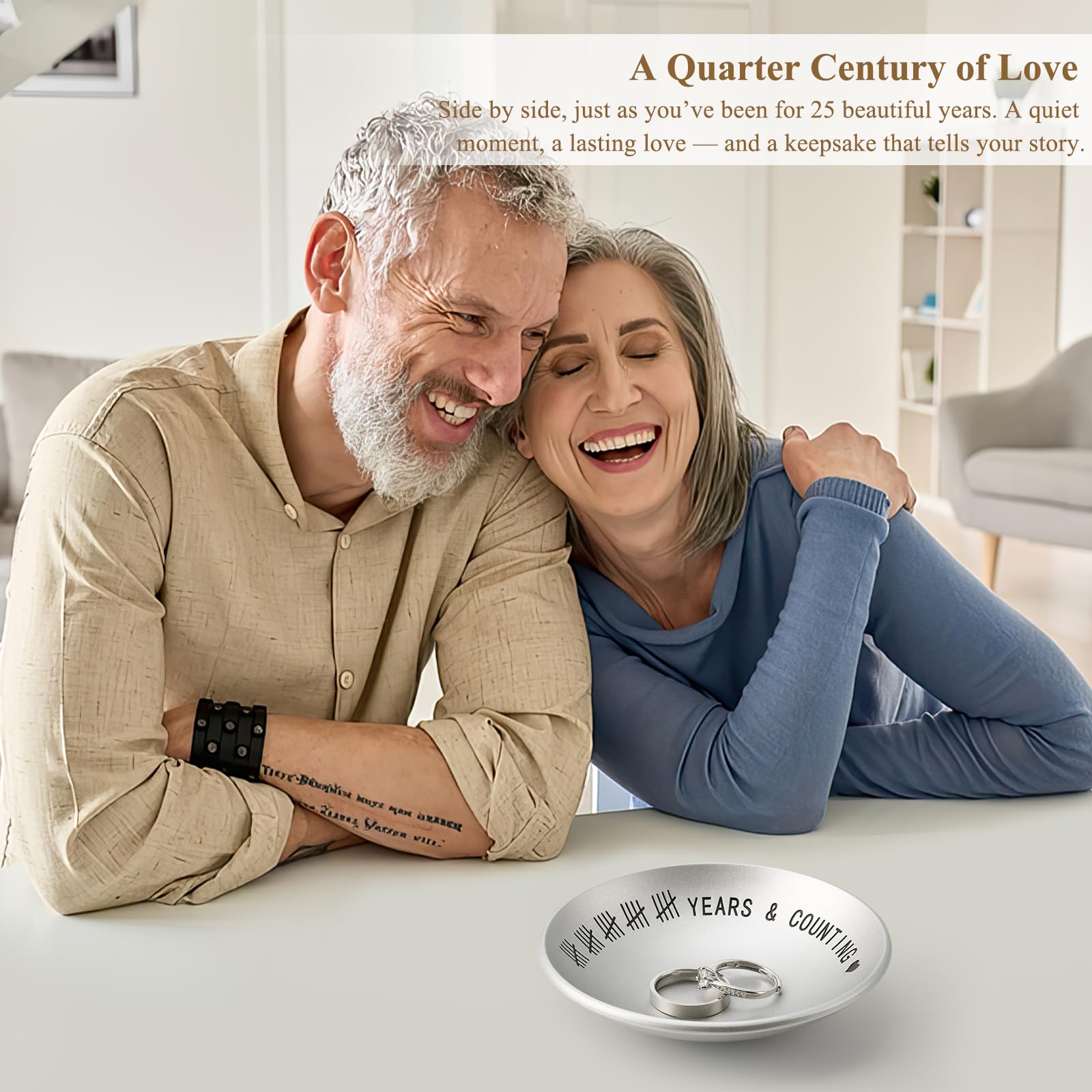 Urllinz 25th Anniversary Wedding Gifts for Husband Wife, 25 Year Anniversary Jewelry Tray for Him Her Couple, Silver Ring Holder Dish & Card & Gift Box, 4"