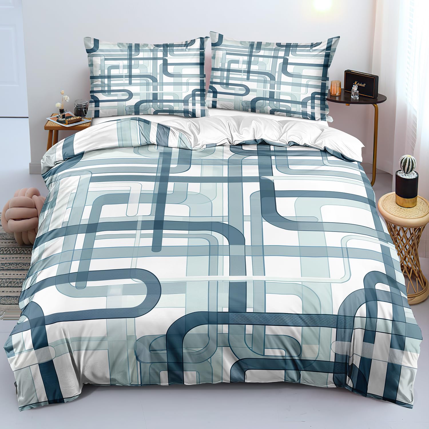 Housse de Couette Motif Géométrique Bleu Parure Idéale pour Chambre Fille ou Garçon