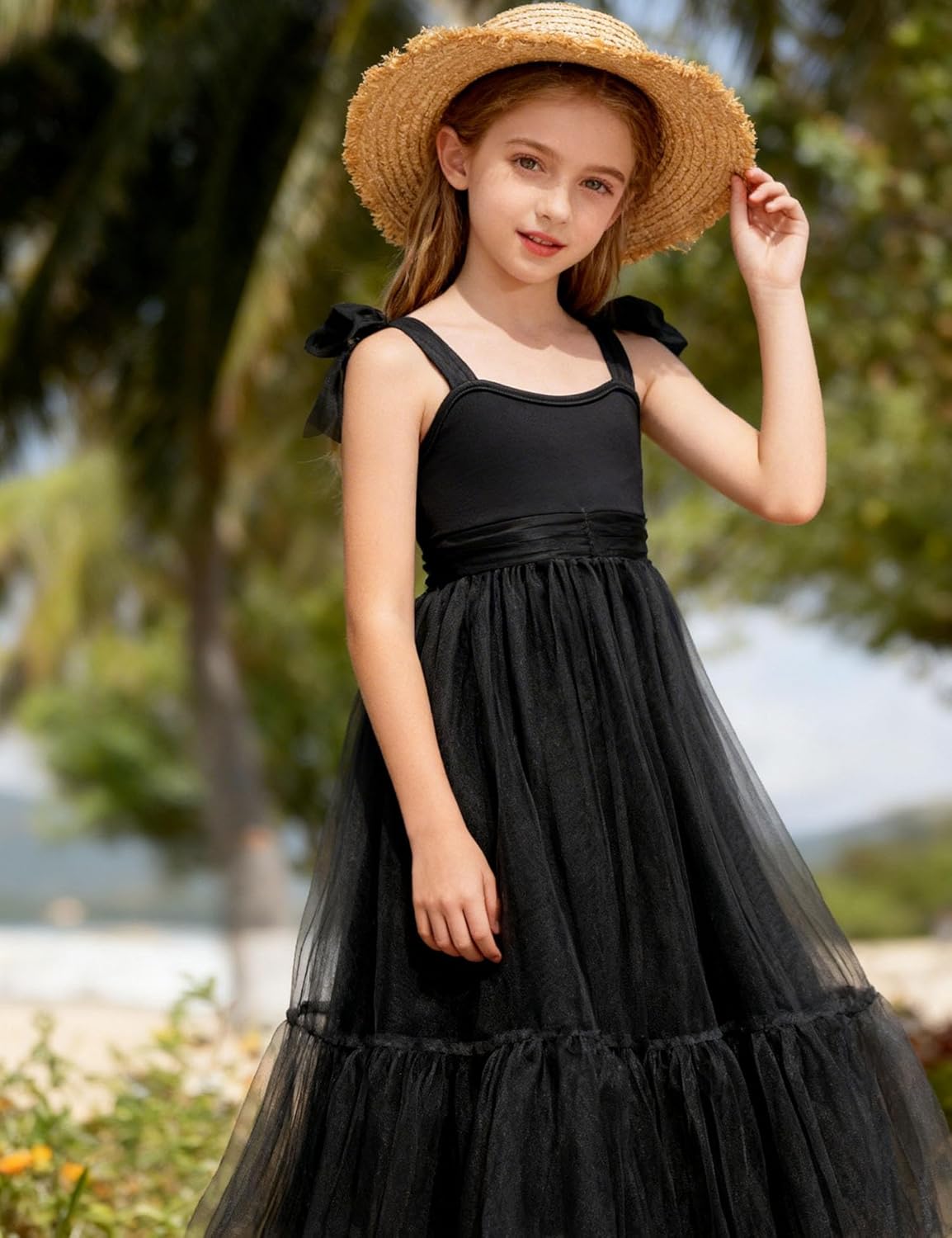 Arshiner Girls Dresses Summer Sleeveless Bow-Tie Straps Birthday Party Long Tulle Dress