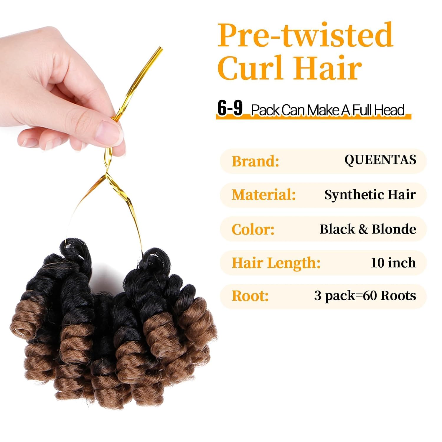 QUEENTAS 3 Packs 10 Inch 6MM Short Prelooped Crochet Hair for Black Women Natural Black/Blonde Hair Extension Synthetic Braids with Jamaican Bounce, Small Wand Spiral Curl Ringlet Curl for Daily Party