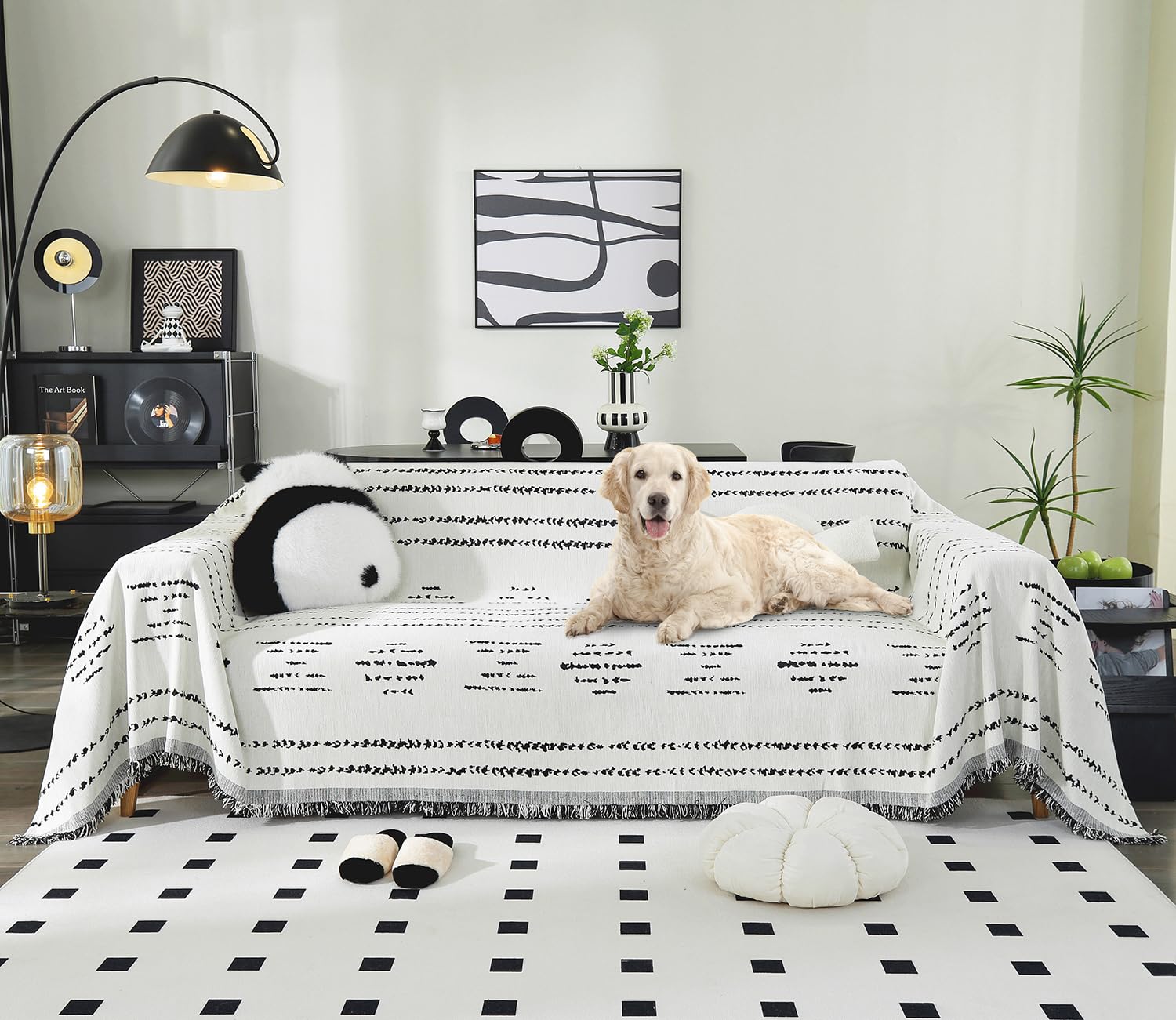 Tritard Boho Couch Cover Reversible Bohemian Sectional Couch Covers Black White Sofa Loveseat Covers Chenille Cushion Covers with Tassel Washable