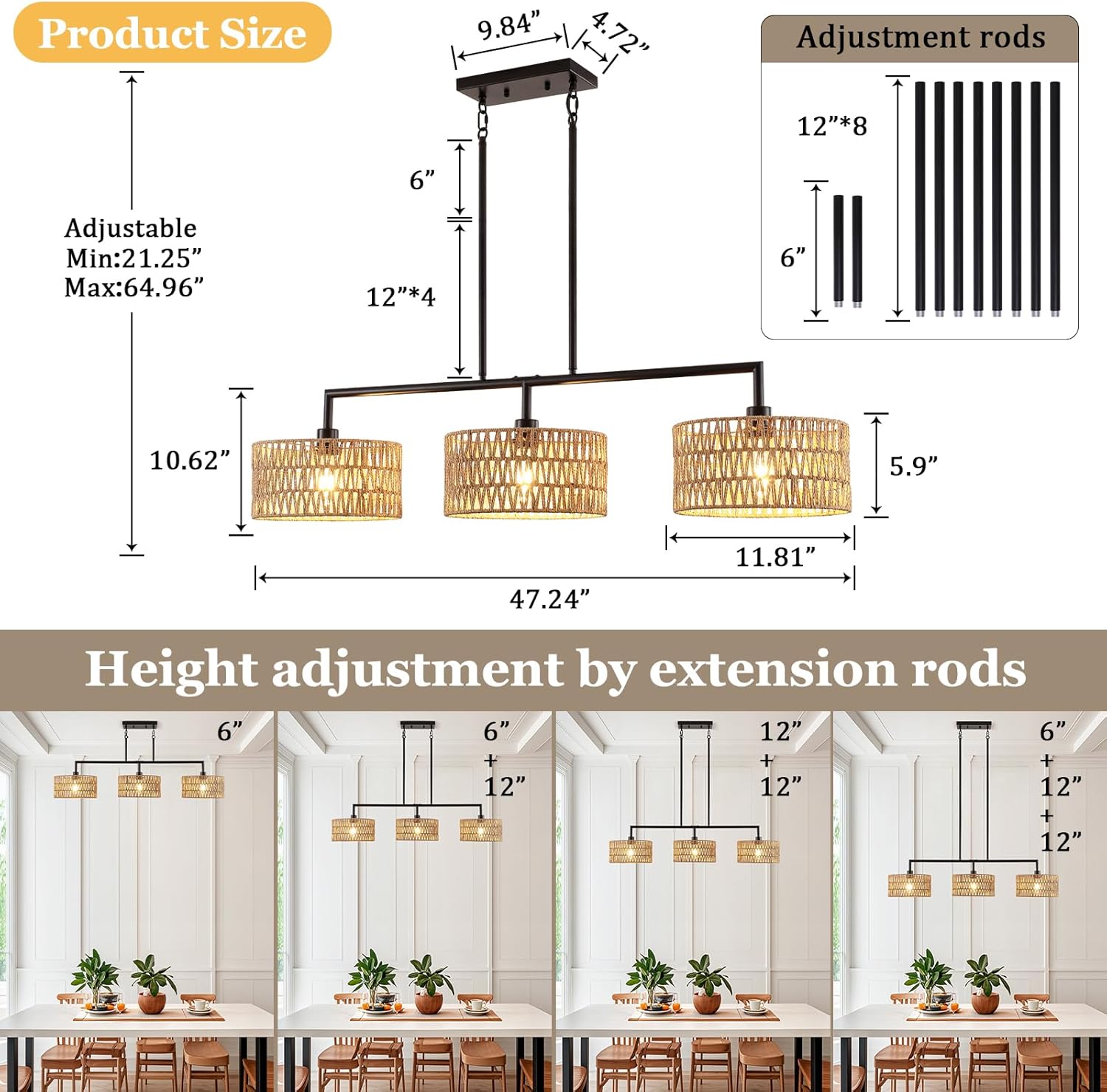47" Hand Woven Rattan Chandeliers for Dining Room, 3-light Boho Linear Chandeliers Large Farmhouse Kitchen Island Lighting, Black Finish Pendant Light Fixtures Over Table, Bar, Living Room,E26
