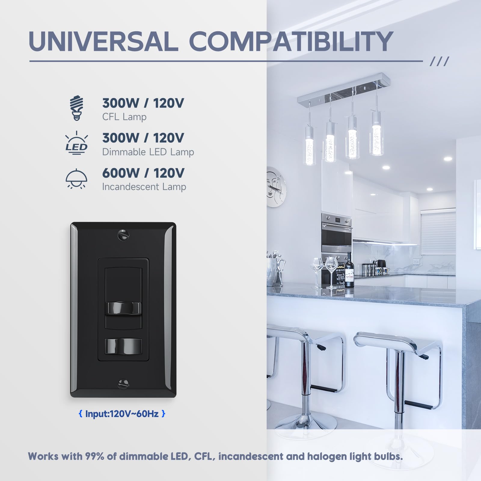 ECOELER Interruptor de atenuación de pared negro, control de iluminación universal para 3 vías/un solo polo, compatible con luces LED/CFL regulables de 300 W e incandescente/halógena de 600 W, placa